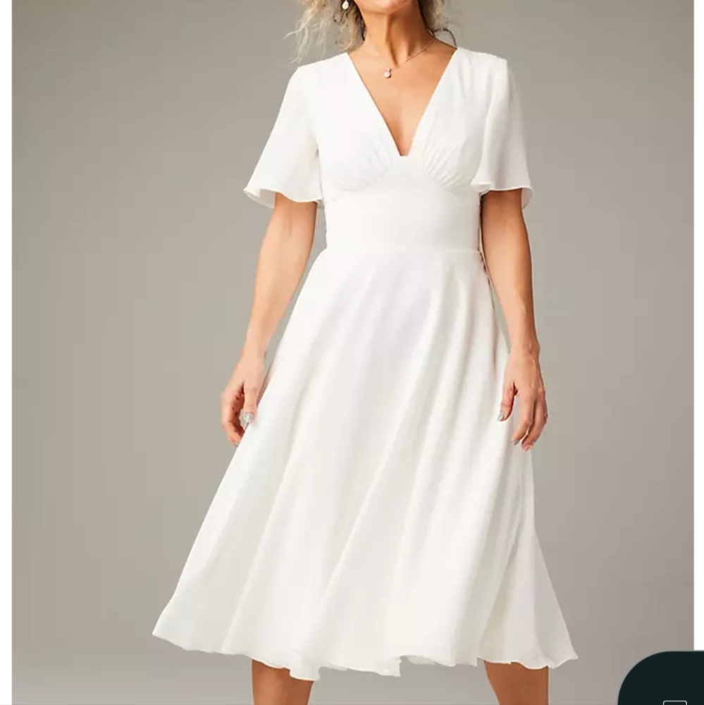 David's Bridal White Midi Dress with Flutter Sleeves